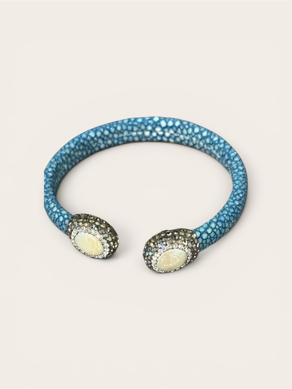 Turq Blue Shagreen Stingray Leather Crystal Mother of Pearl Cuff Bracelet NWOT
